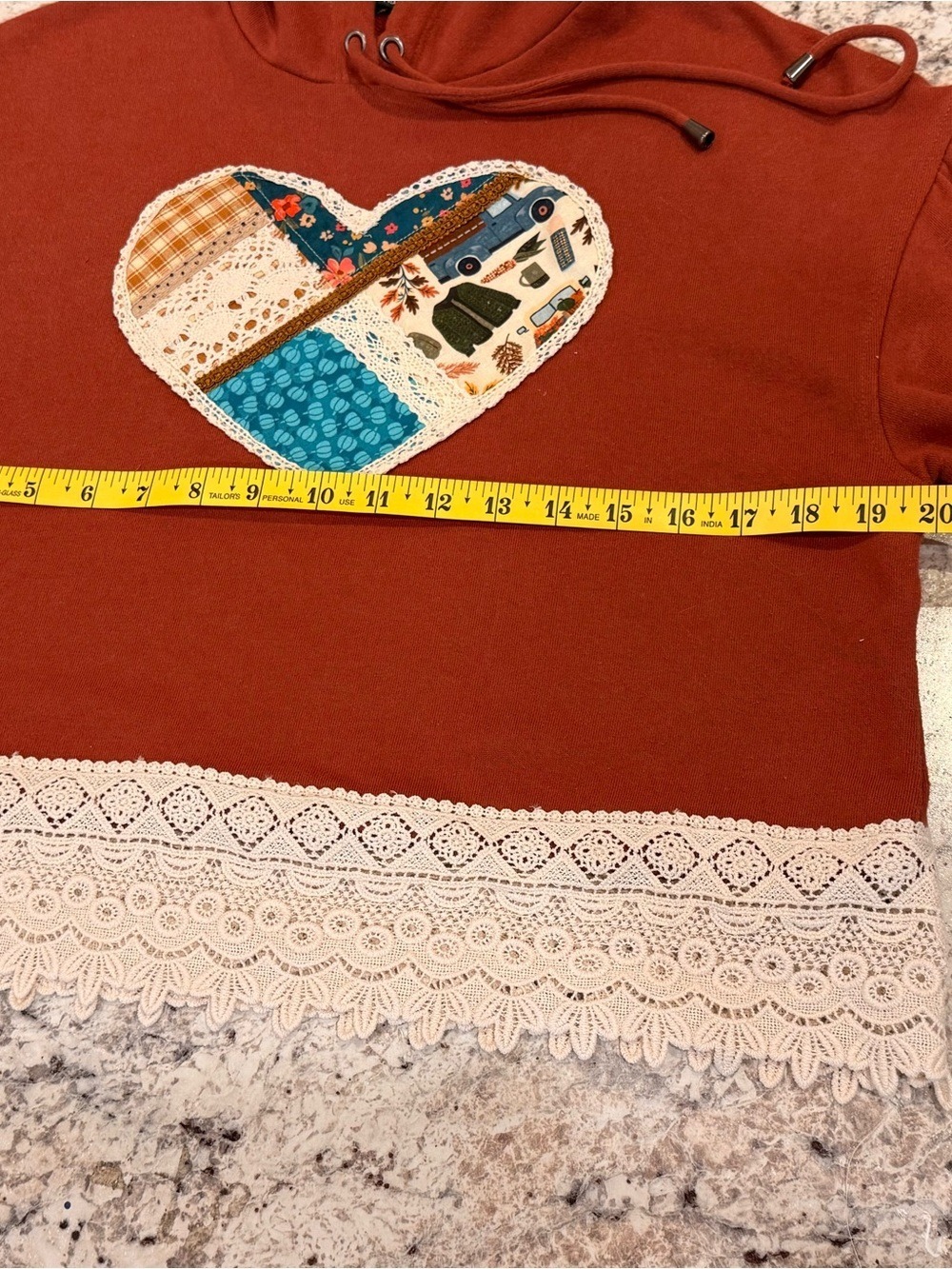 Upcycled Boho Patchwork Heart Crochet Hoodie Rust S OOAK - Picture 2 of 10